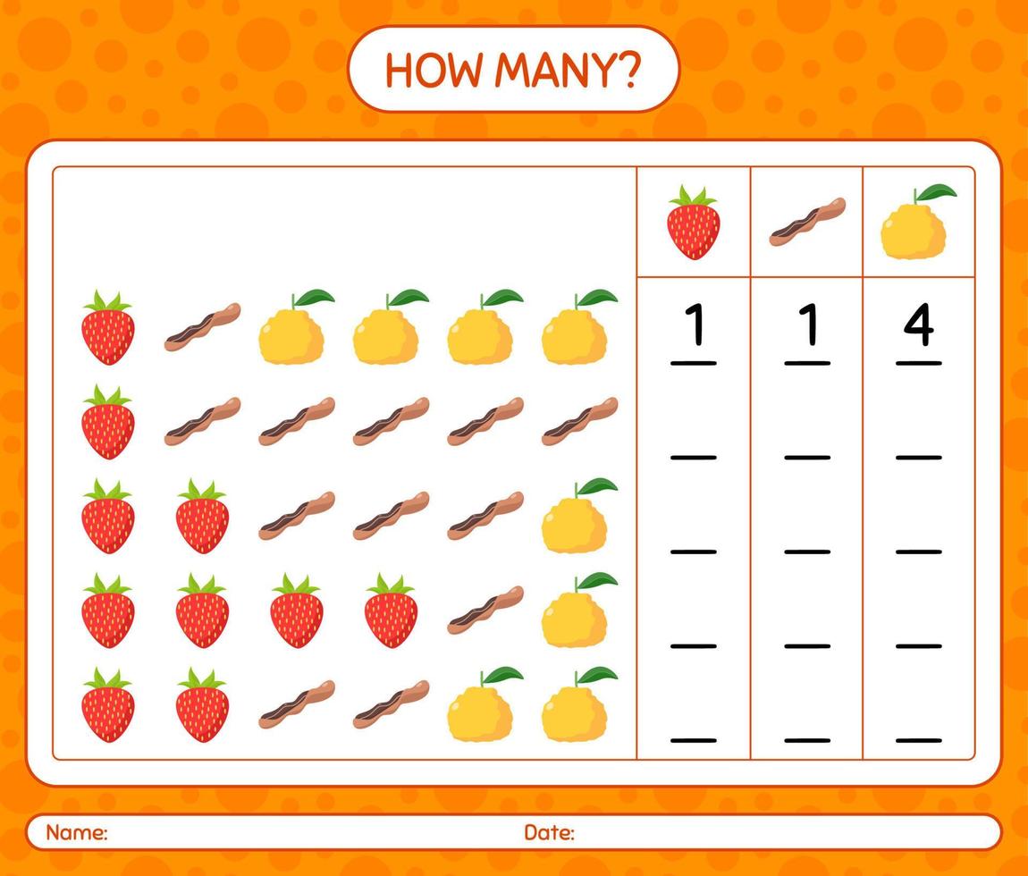 cuántos juegos de conteo con frutas. hoja de trabajo para niños en edad preescolar, hoja de actividades para niños, hoja de trabajo imprimible vector