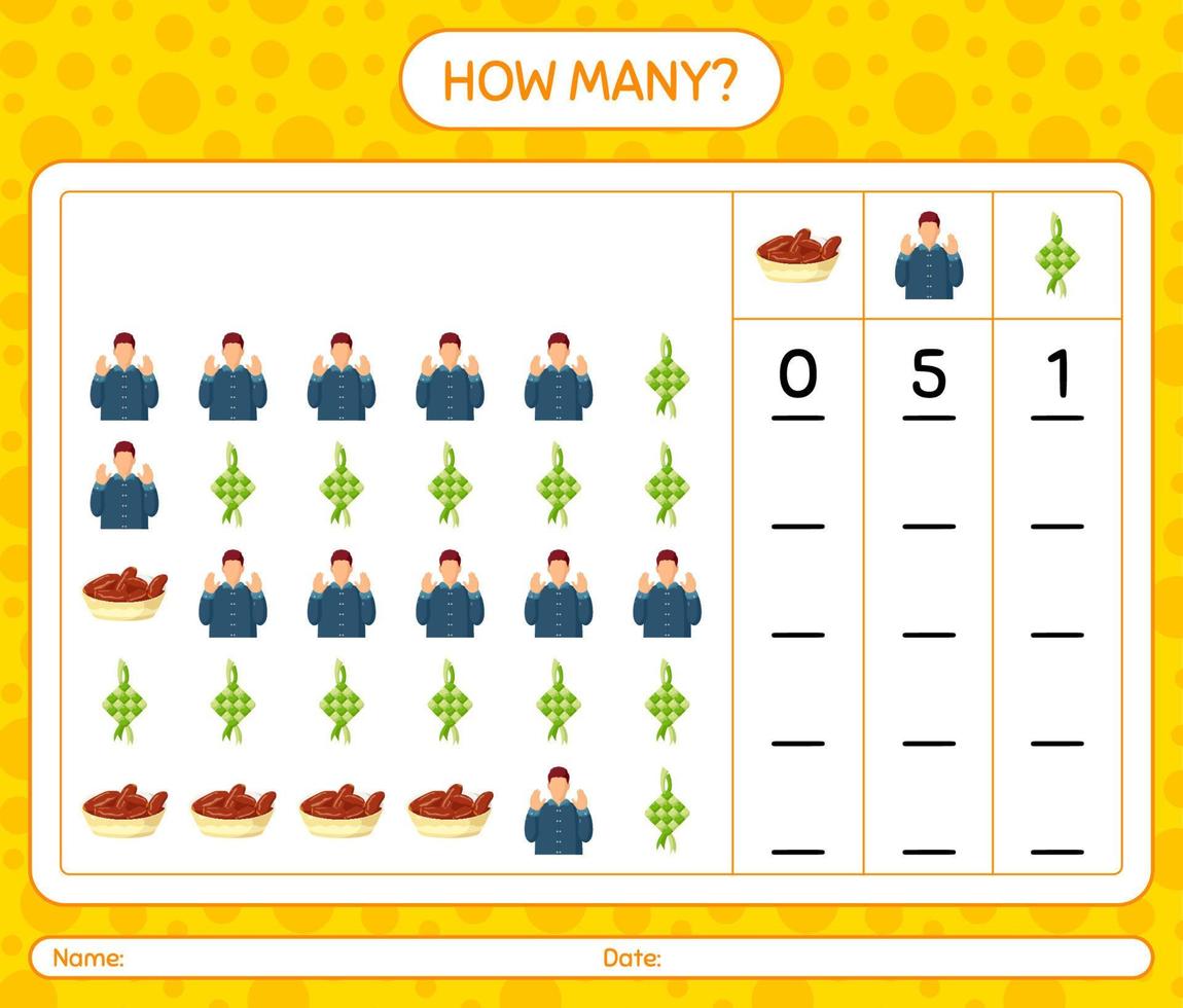 How many counting game with ramadan icon. worksheet for preschool kids, kids activity sheet, printable worksheet vector