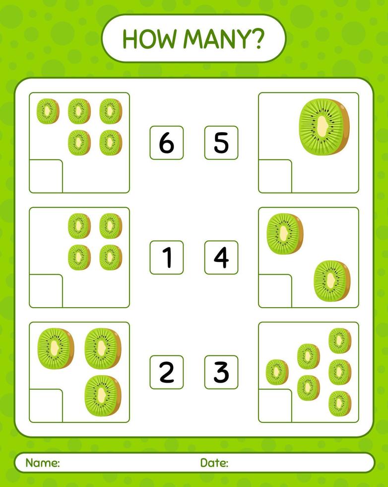 How many counting game with kiwi worksheet for preschool kids, kids activity sheet, printable worksheet vector