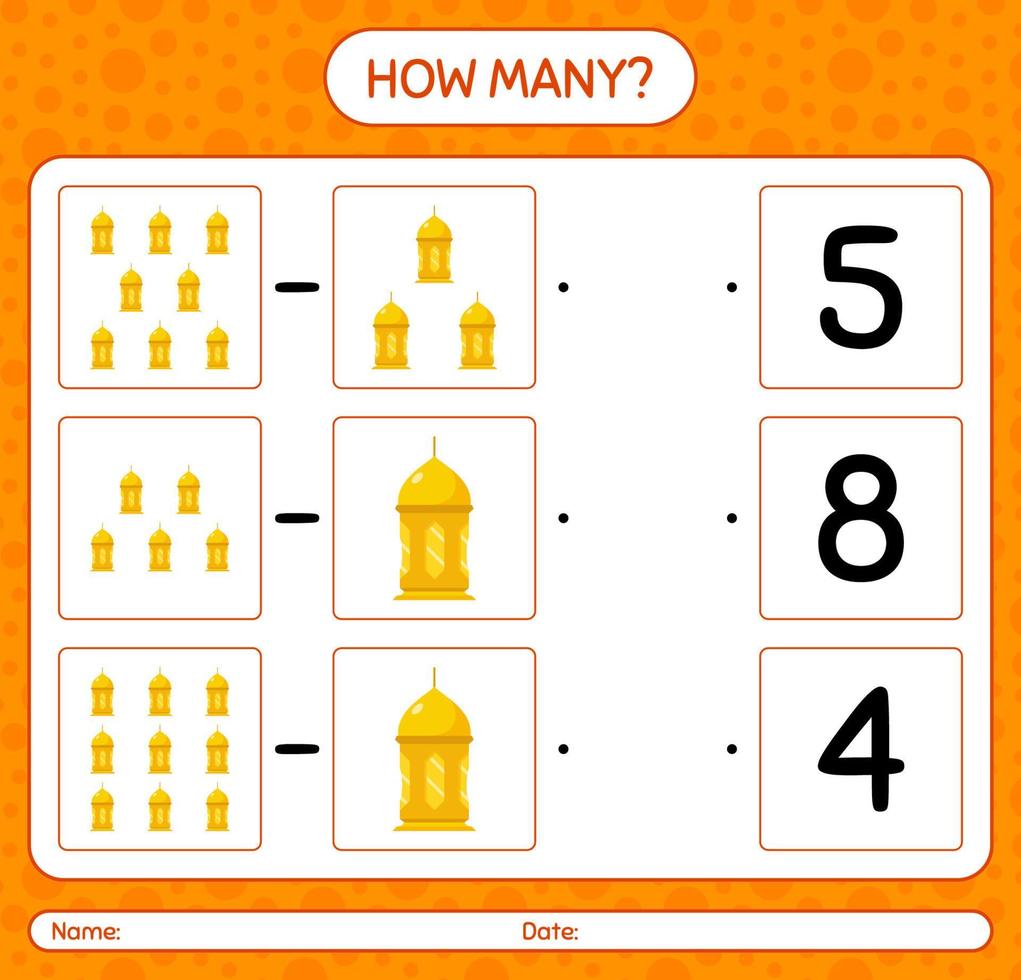 How many counting game with arabic lantern. worksheet for preschool kids, kids activity sheet, printable worksheet vector
