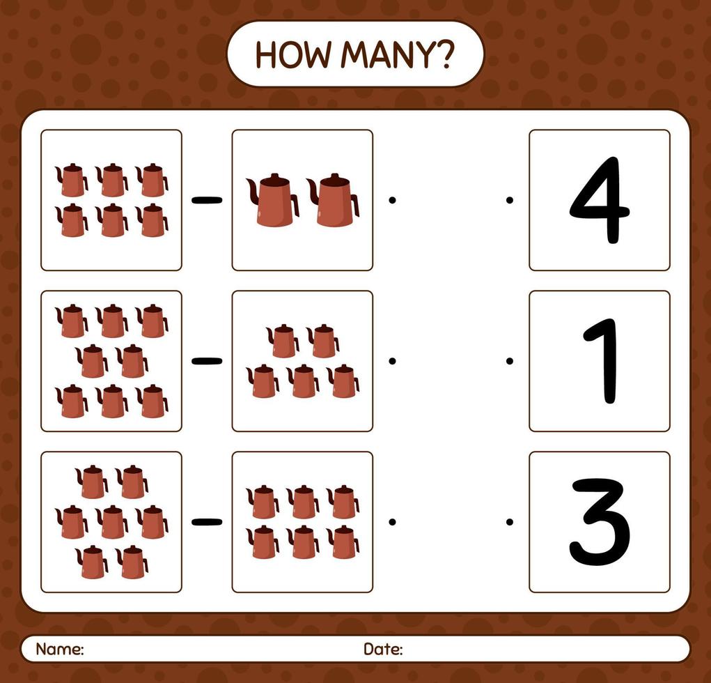 How many counting game with arabic teapot. worksheet for preschool kids, kids activity sheet, printable worksheet vector