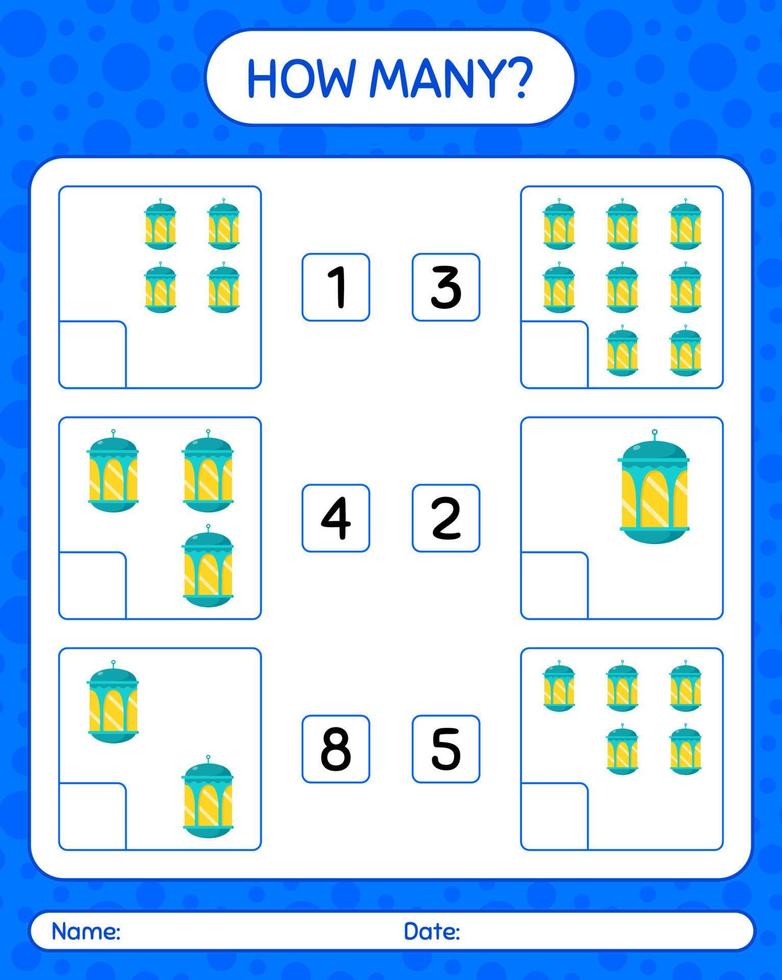 How many counting game with arabic lantern. worksheet for preschool kids, kids activity sheet, printable worksheet vector