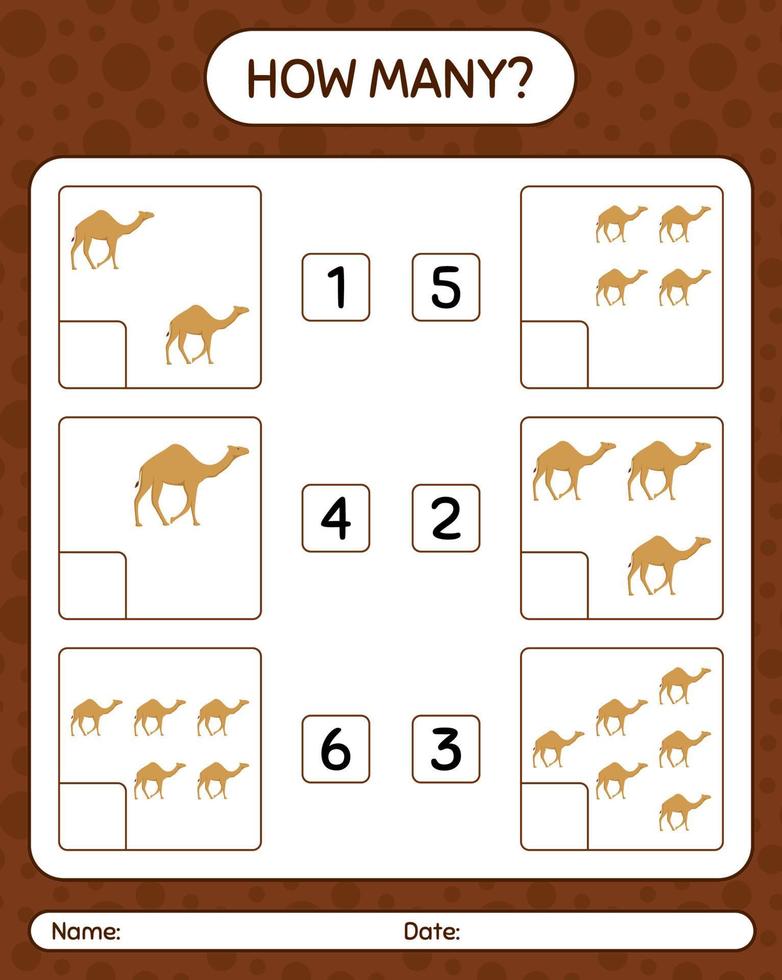 How many counting game with camel. worksheet for preschool kids, kids activity sheet, printable worksheet vector