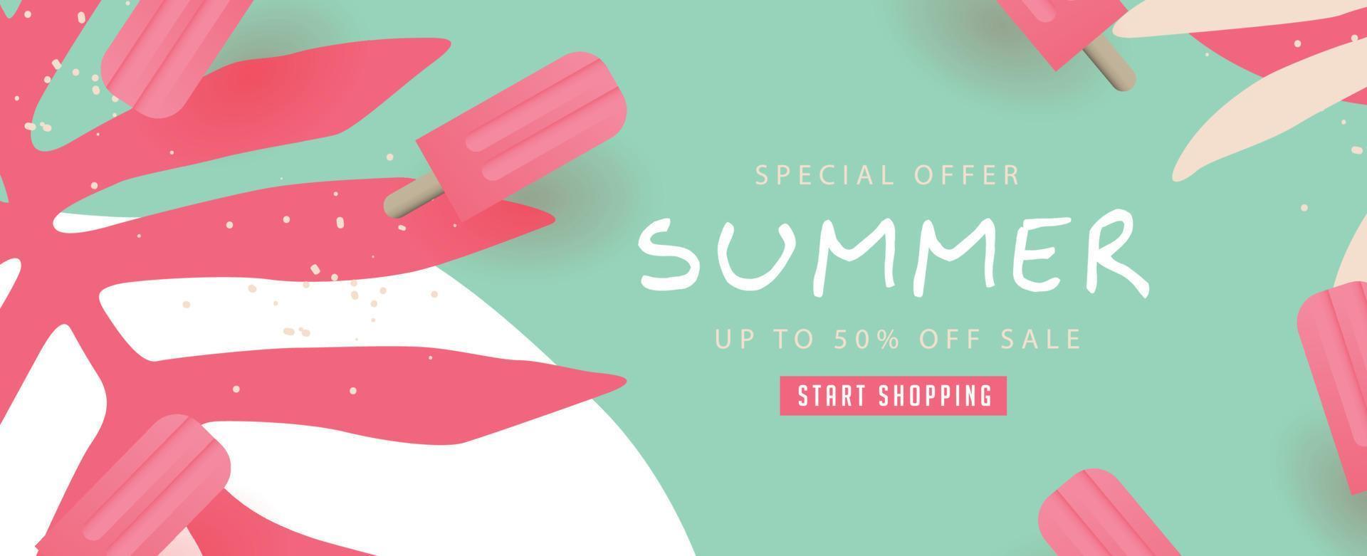 diseño de rebajas de verano con un bonito banner de fondo de color helado rosa vector