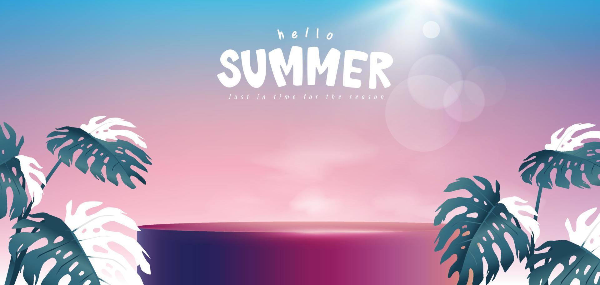 Colorful Summer sale banner with tropical product display cylindrical shape vector