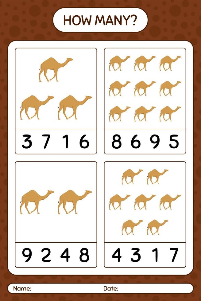 How many counting game with camel. worksheet for preschool kids, kids activity sheet, printable worksheet vector