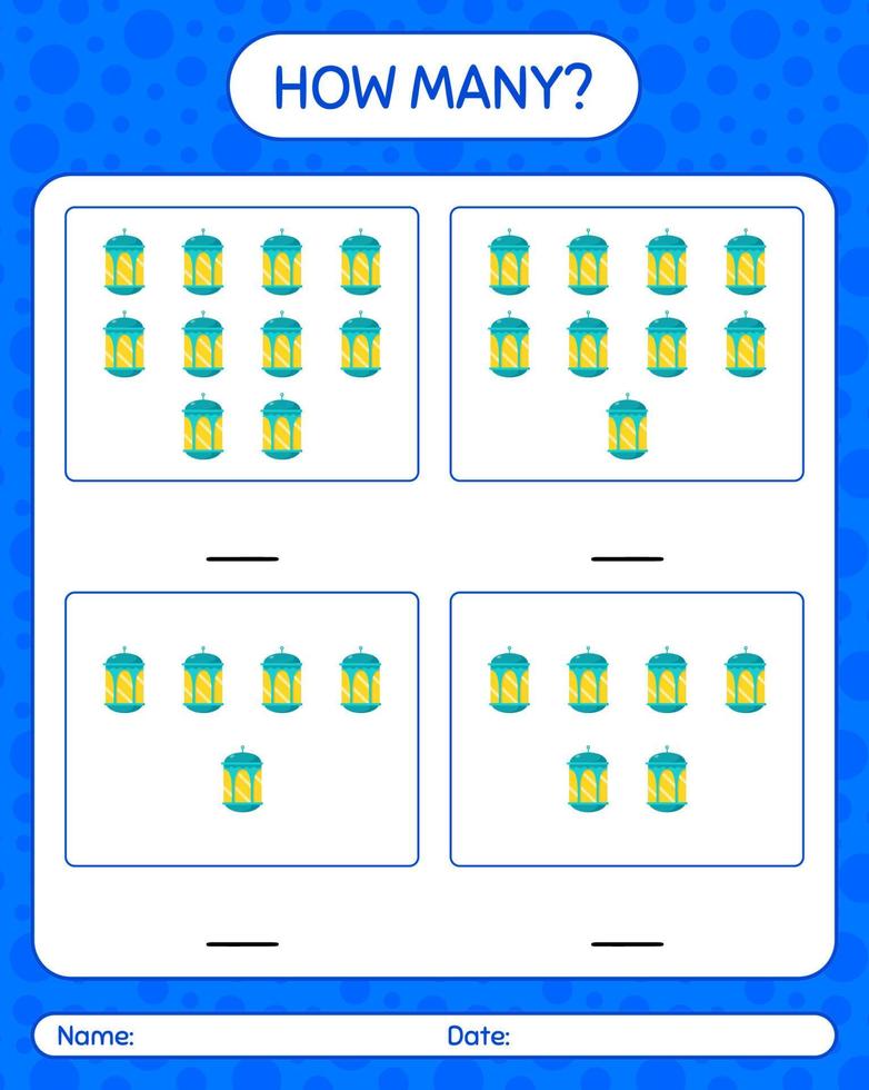 How many counting game with arabic lantern. worksheet for preschool kids, kids activity sheet, printable worksheet vector