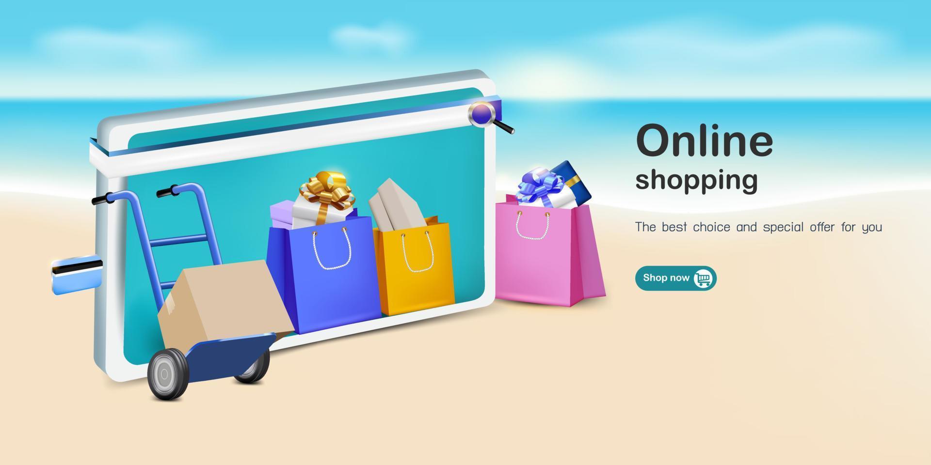 Shopping bag  with box and the screen on the beach  for  summer sale vector