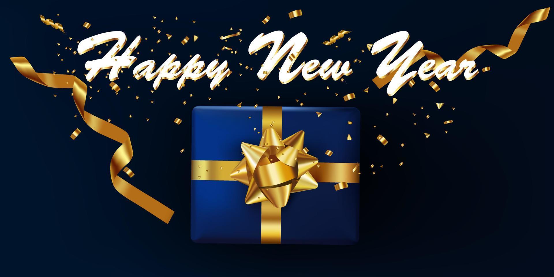 happy new year text with gift box and gold ribbon vector