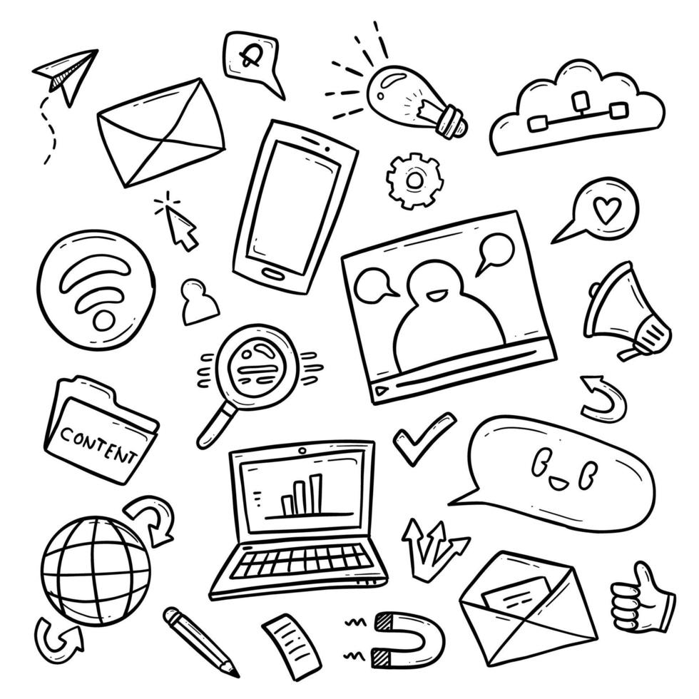 hand drawn outline doodle drawing of digital internet marketing related object illustration collection set vector