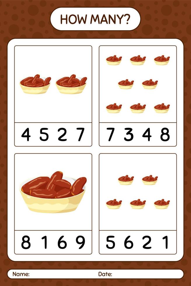 How many counting game with bowl of dates. worksheet for preschool kids, kids activity sheet, printable worksheet vector