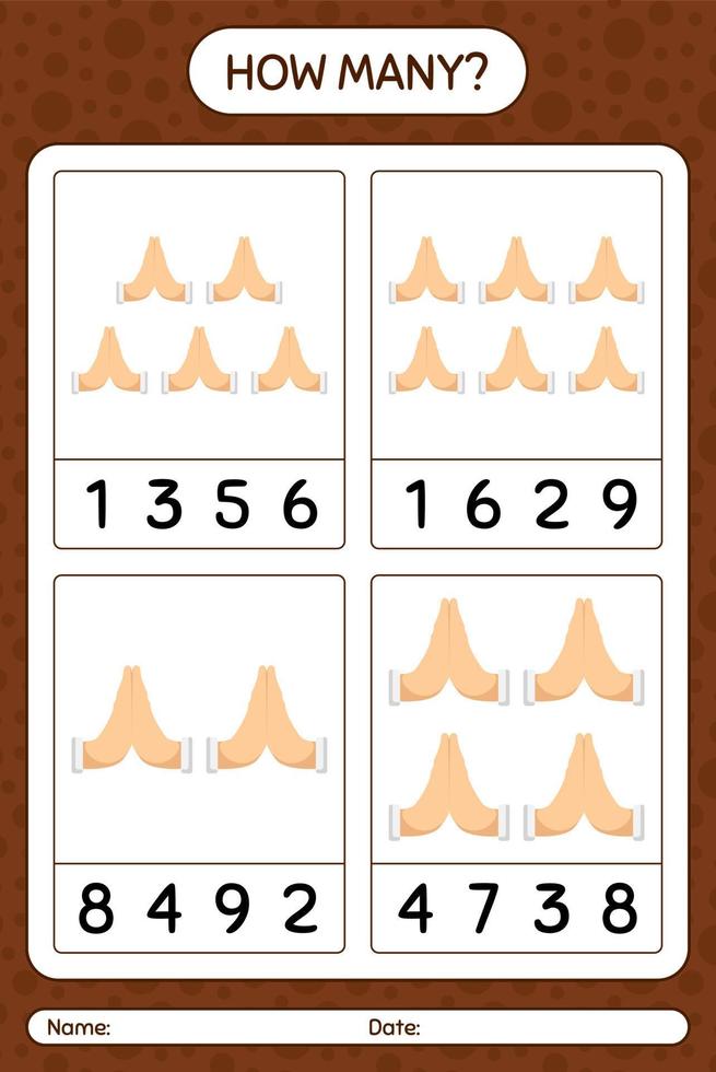 How many counting game with praying. worksheet for preschool kids, kids activity sheet, printable worksheet vector