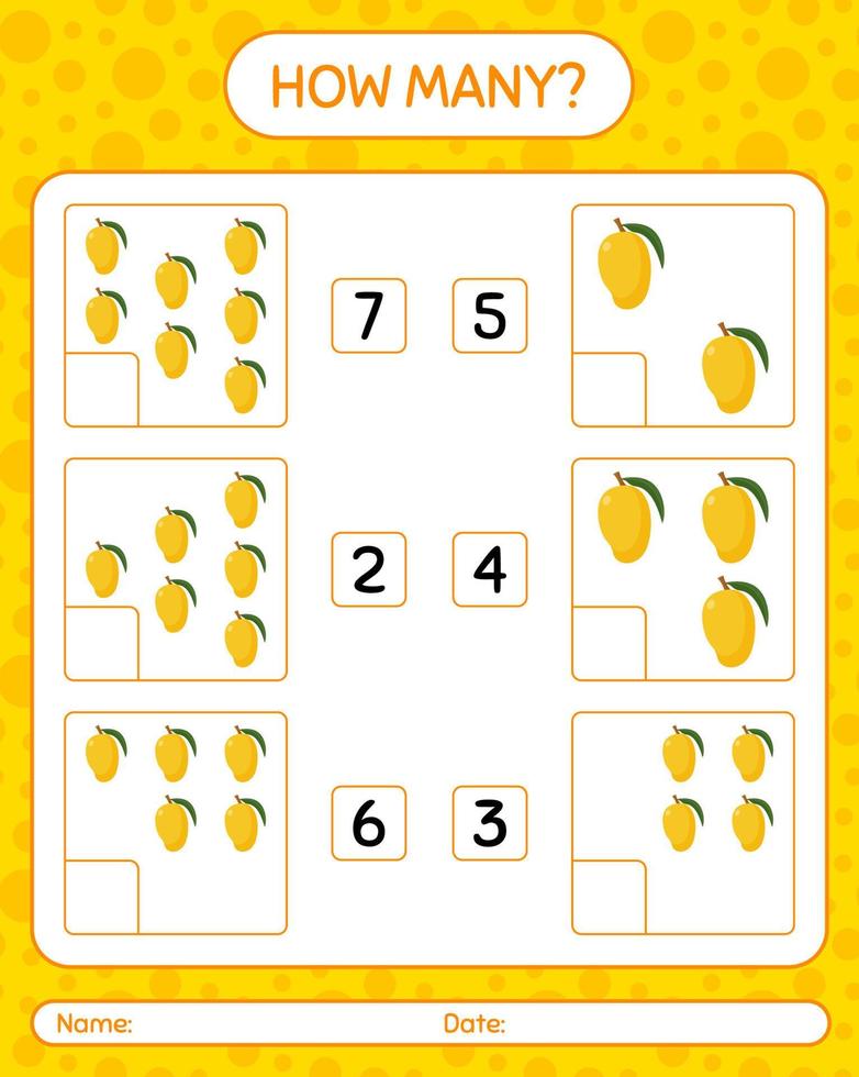 How many counting game with mango worksheet for preschool kids, kids activity sheet, printable worksheet vector