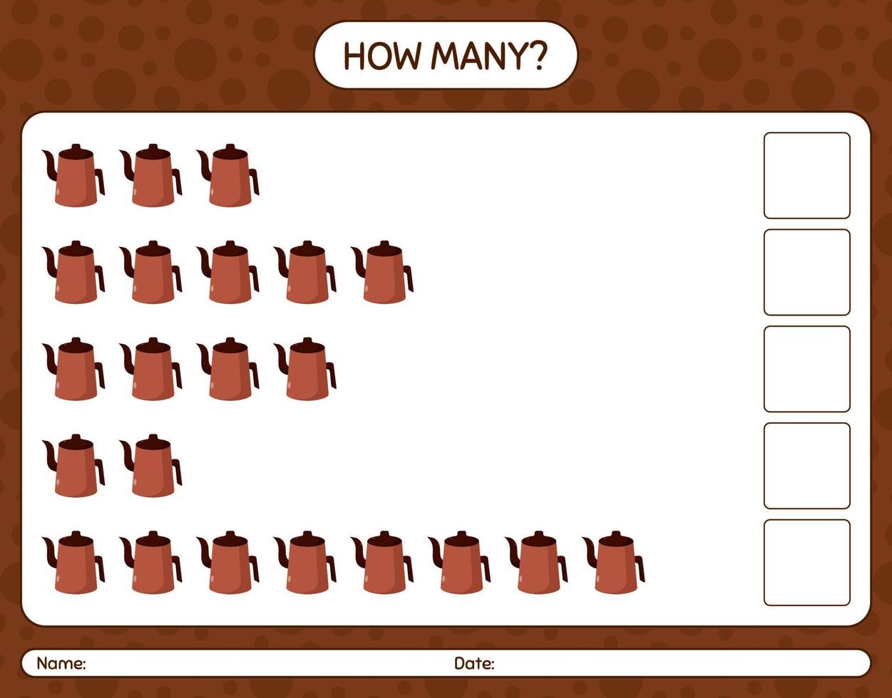 How many counting game with arabic teapot. worksheet for preschool kids, kids activity sheet, printable worksheet vector