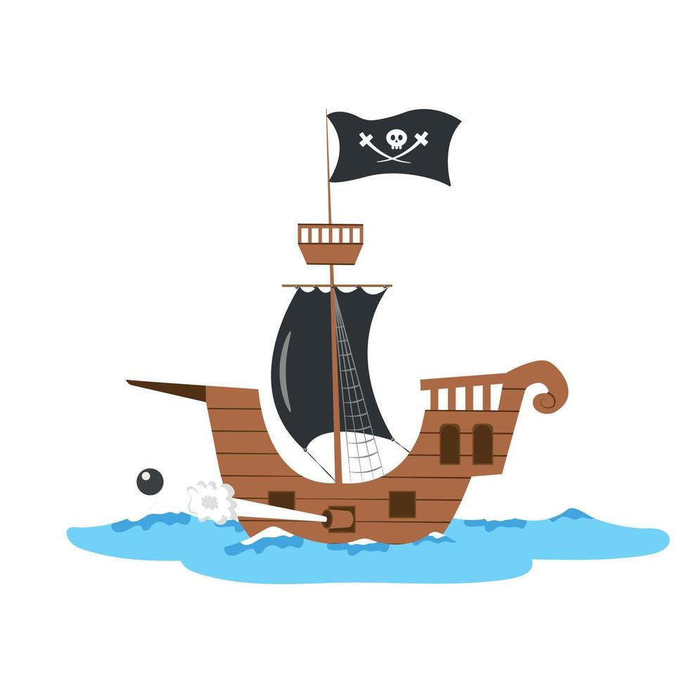 A Pirate Ship with Lowered Sails Sails on the Sea and Shoots a Cannonball Pirate Flag vector