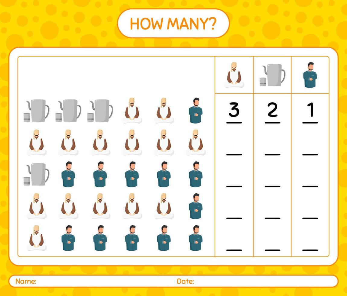 How many counting game with ramadan icon. worksheet for preschool kids, kids activity sheet, printable worksheet vector