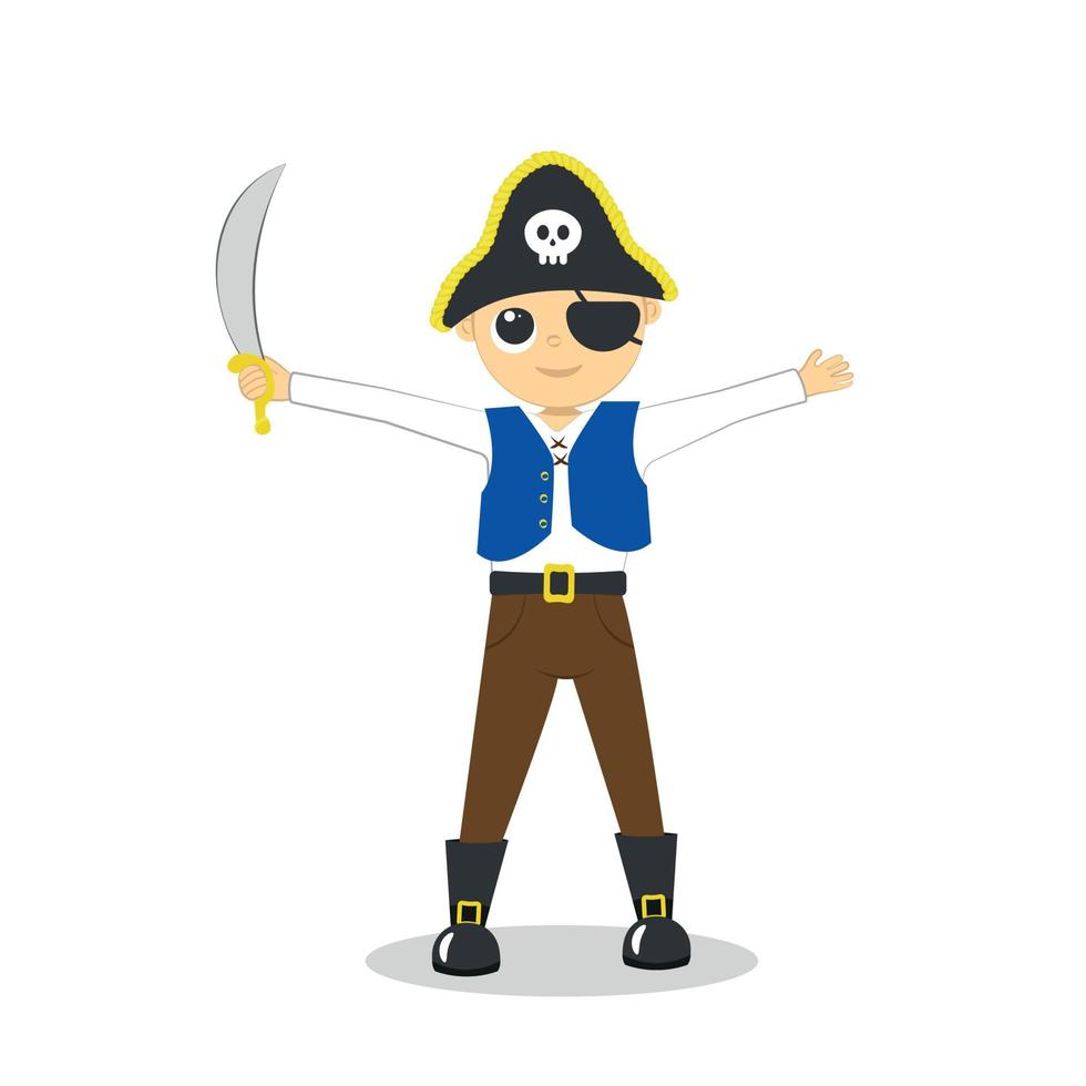 pequeño capitán niño con una espada en un sombrero pirata con calavera y diadema capitán de mar vector