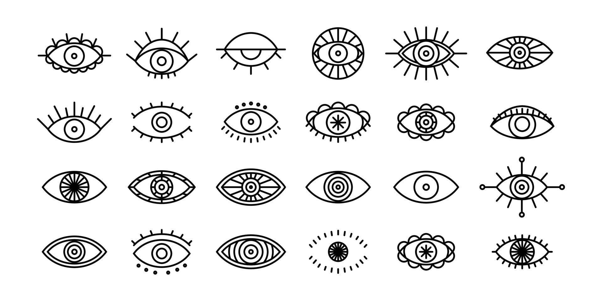 conjunto de ojos místicos para el diseño boho. ilustración vectorial del contorno del mal de ojo. ojos símbolos dibujados a mano para el diseño de tatuajes. vector
