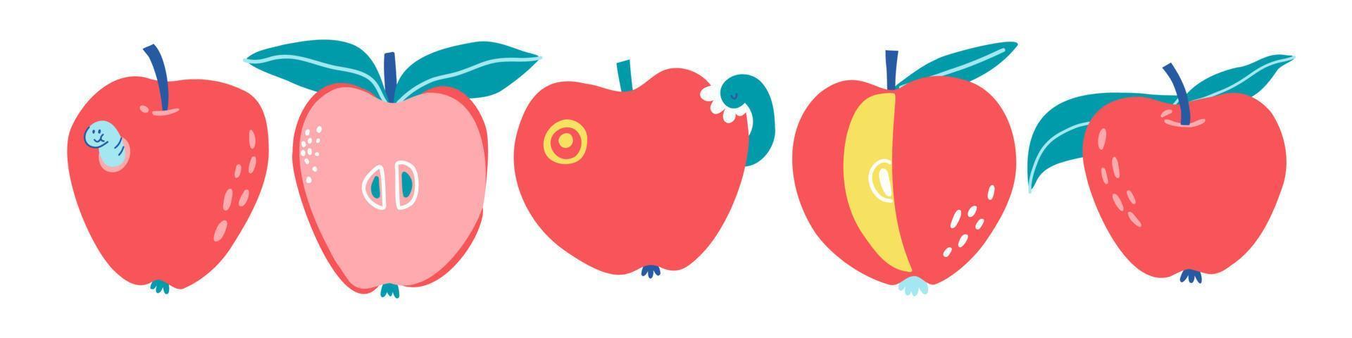 set with hand drawn apples in flat style. vector illustration.