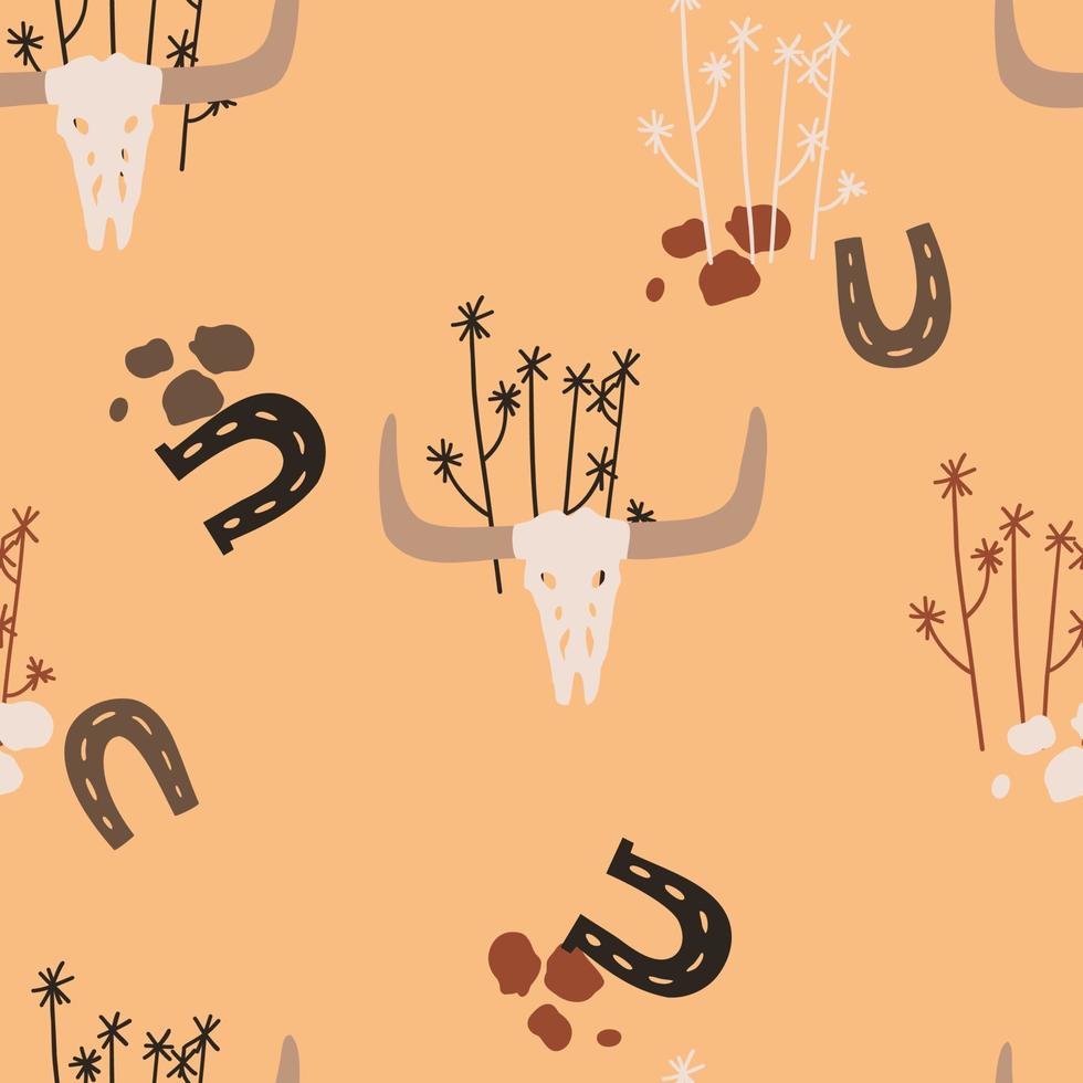 seamless pattern with horseshoe bull skulls. desert. vector illustration for fabric, paper packaging and other