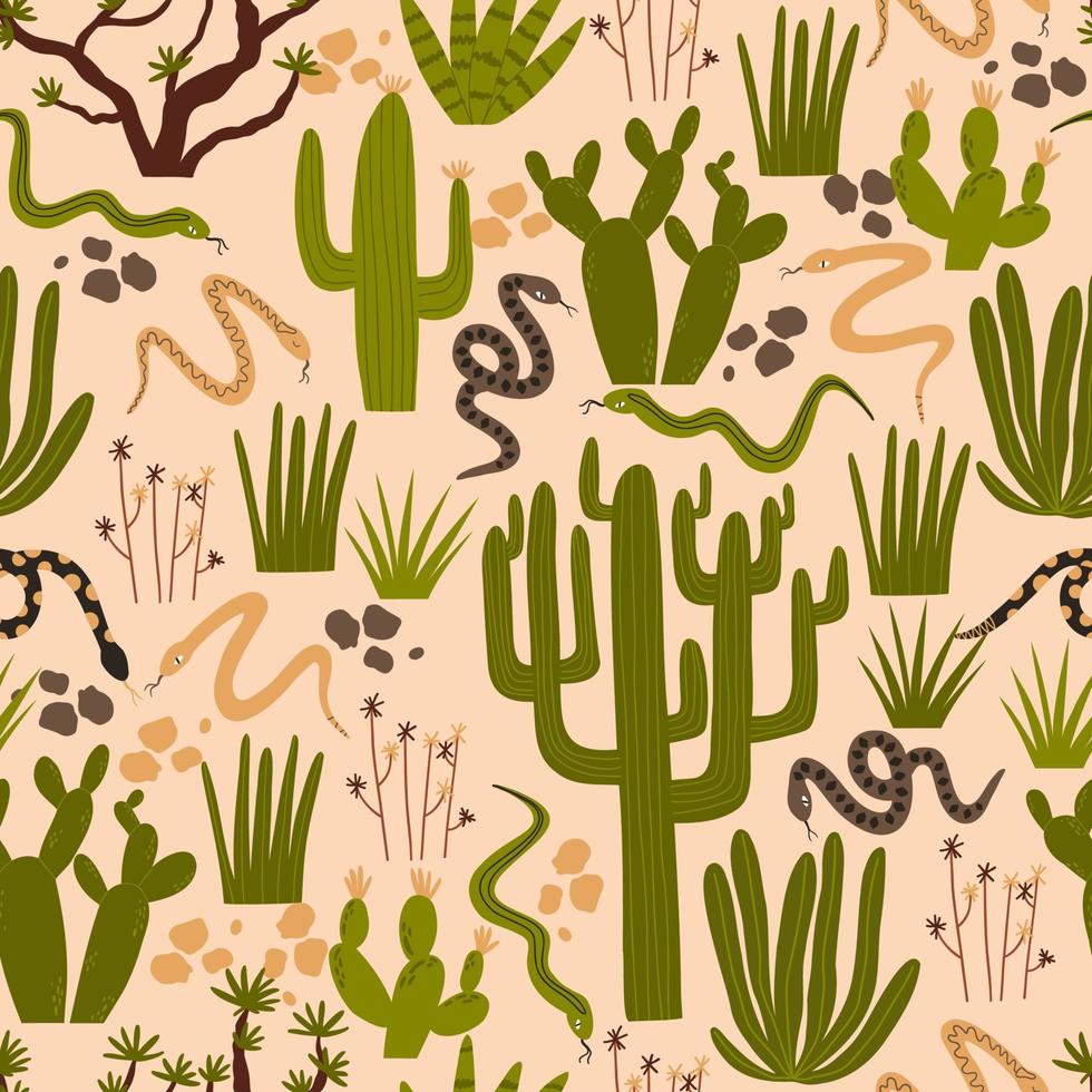 seamless pattern with cacti, snakes, desert plants. vector illustration