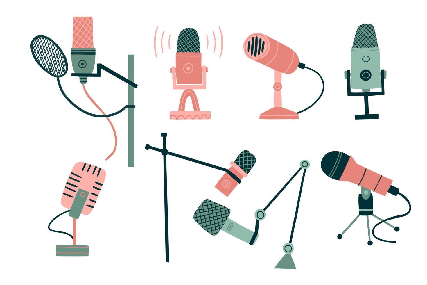 set with microphones for sound recording, podcast, different sizes and shapes. flat vector hand drawn illustration.