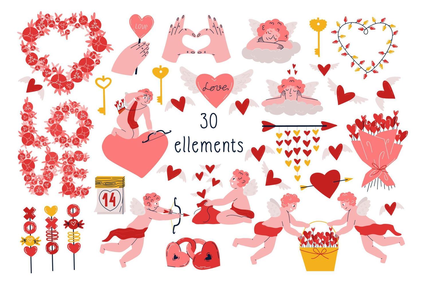 big set for valentine's day with cupids, clouds, flowers, locks, keys, calendar, hearts, love, bow, arrow. flat vector hand drawn illustration.