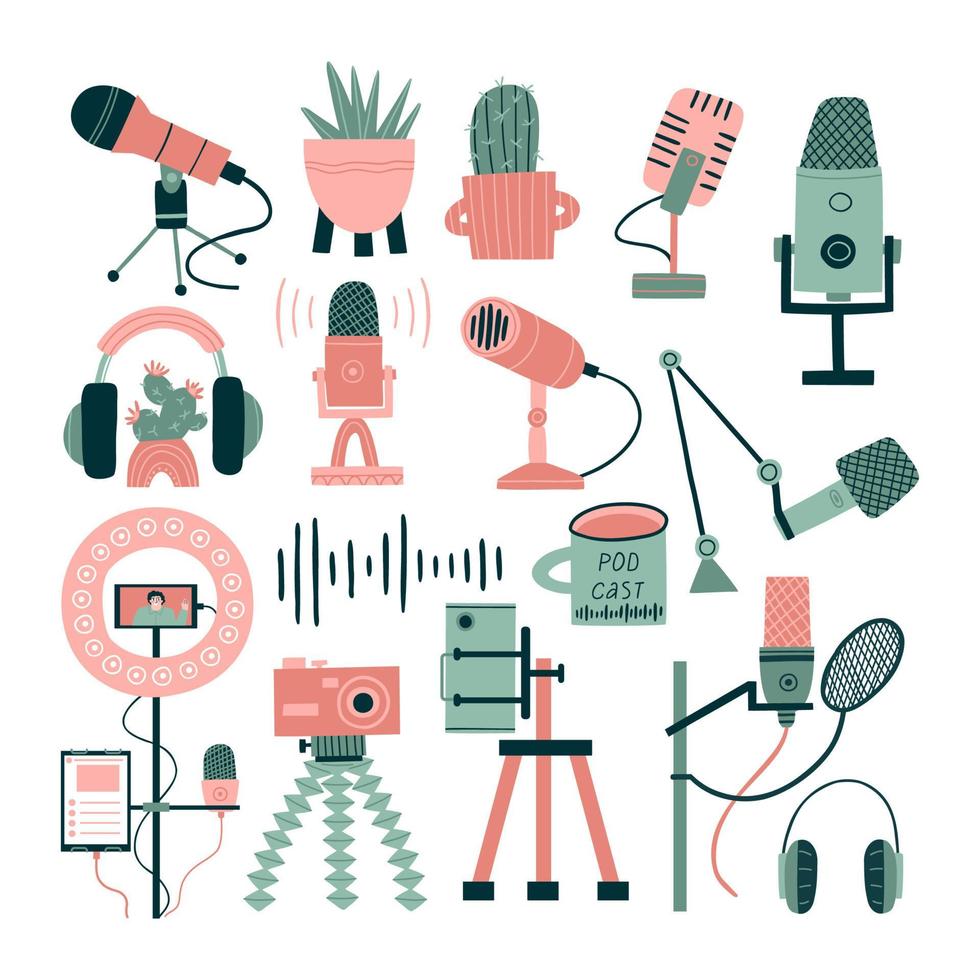 set with microphones, flowers, headsets on the theme of the podcast. flat vector illustration isolated on white background.