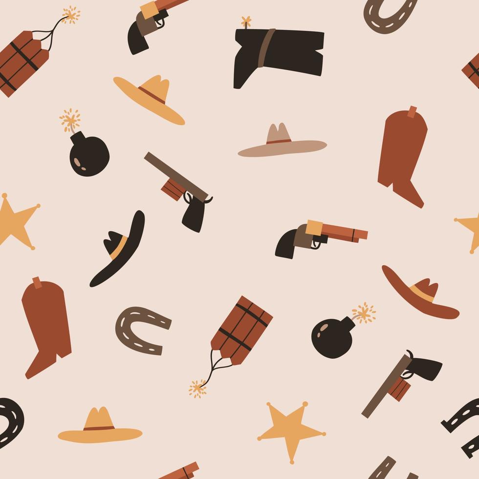 seamless pattern with cowboy hats, boots, bombs, dynamites and horseshoes. vector illustration for fabric, paper packaging and other