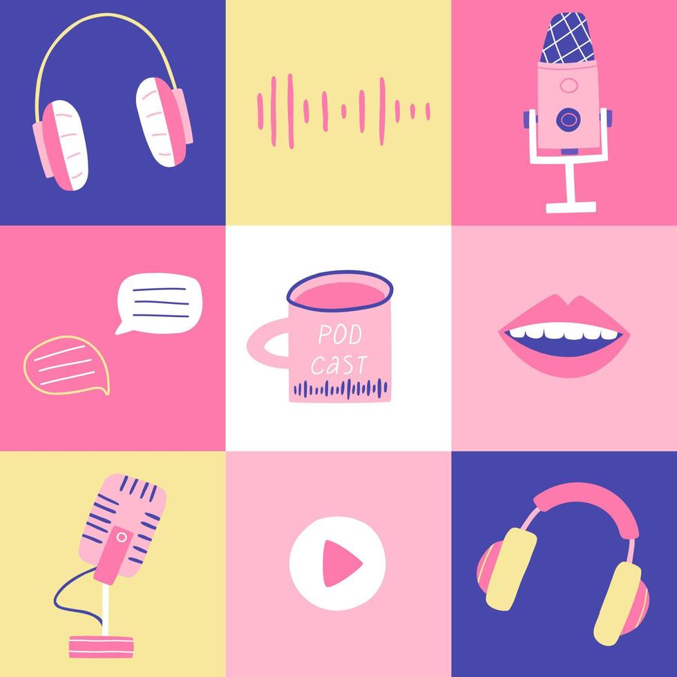 afiche de arte pop de podcast con ilustraciones de micrófonos profesionales, auriculares, boca parlante, pista de audio e ilustración abstracta de garabatos, afiche impreso o diseño de banner, composición colorida vector