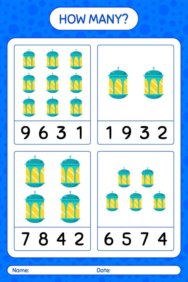 How many counting game with arabic lantern. worksheet for preschool kids, kids activity sheet, printable worksheet vector