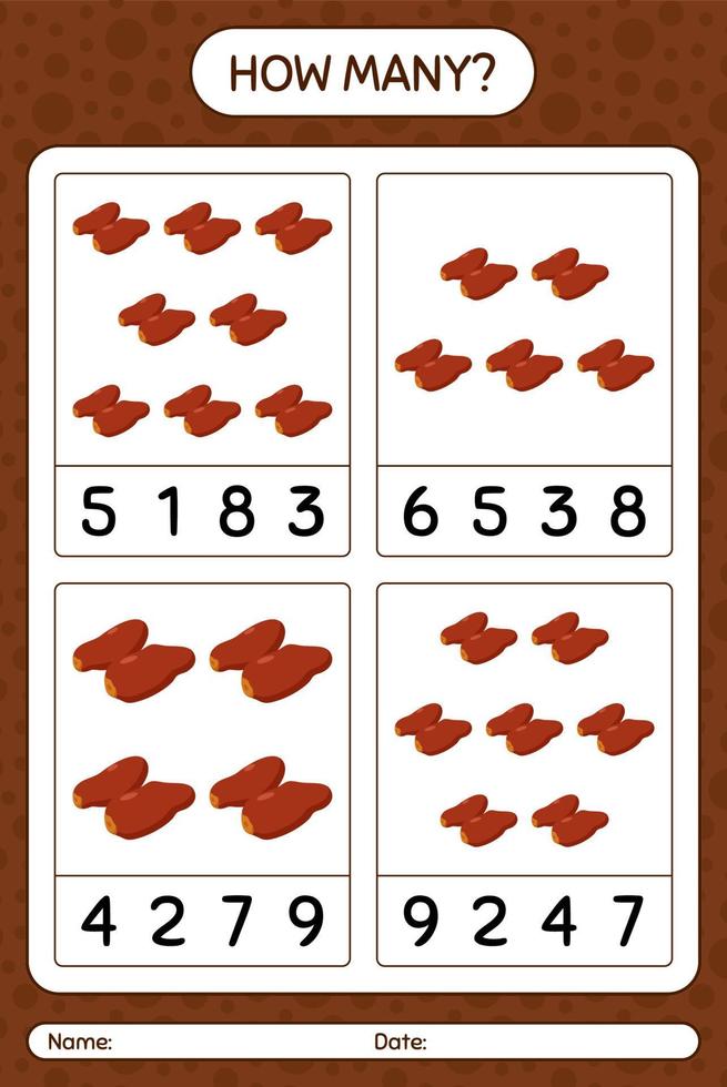 How many counting game with dates fruit. worksheet for preschool kids, kids activity sheet, printable worksheet vector