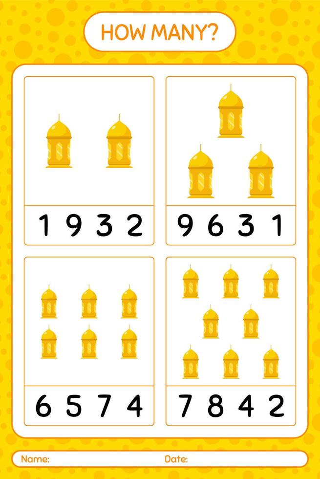 How many counting game with arabic lantern. worksheet for preschool kids, kids activity sheet, printable worksheet vector