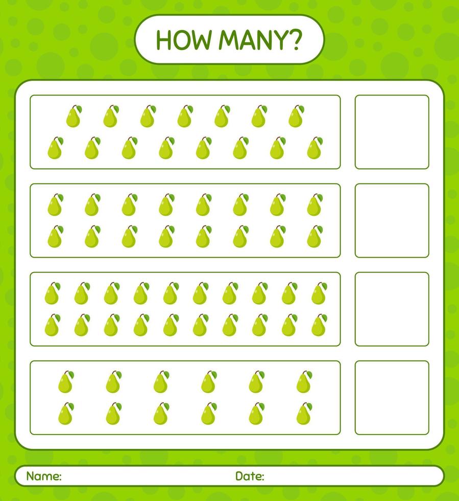 how many counting game with pear worksheet for preschool kids kids activity sheet printable worksheet 6799921 vector art at vecteezy