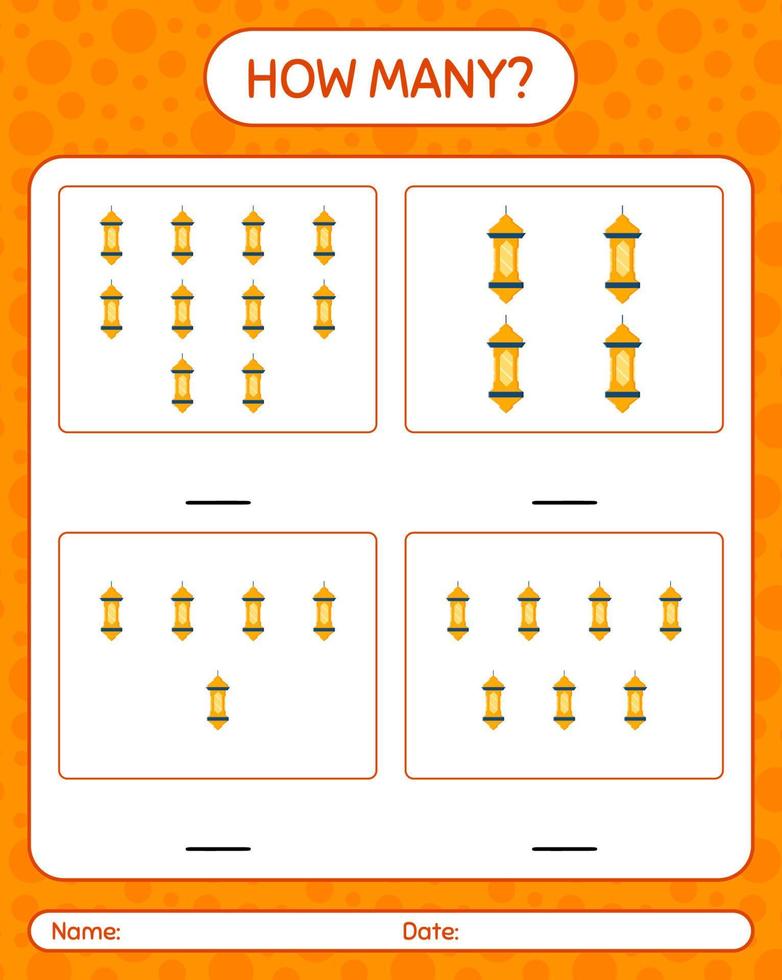 How many counting game with arabic lantern. worksheet for preschool kids, kids activity sheet, printable worksheet vector
