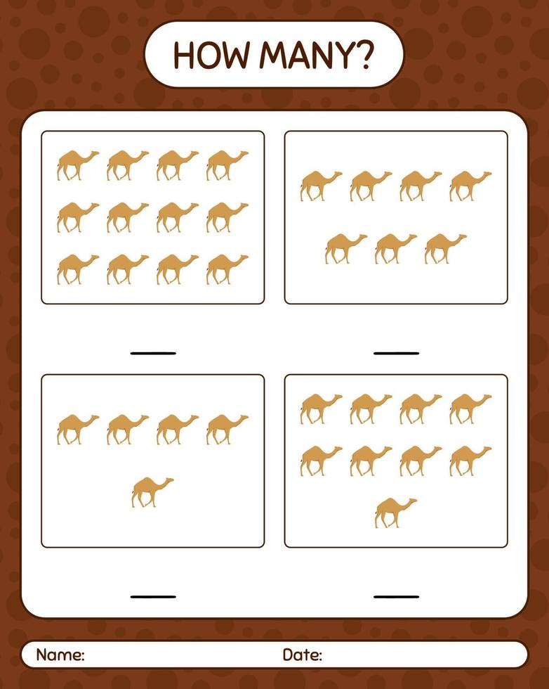 How many counting game with camel. worksheet for preschool kids, kids activity sheet, printable worksheet vector