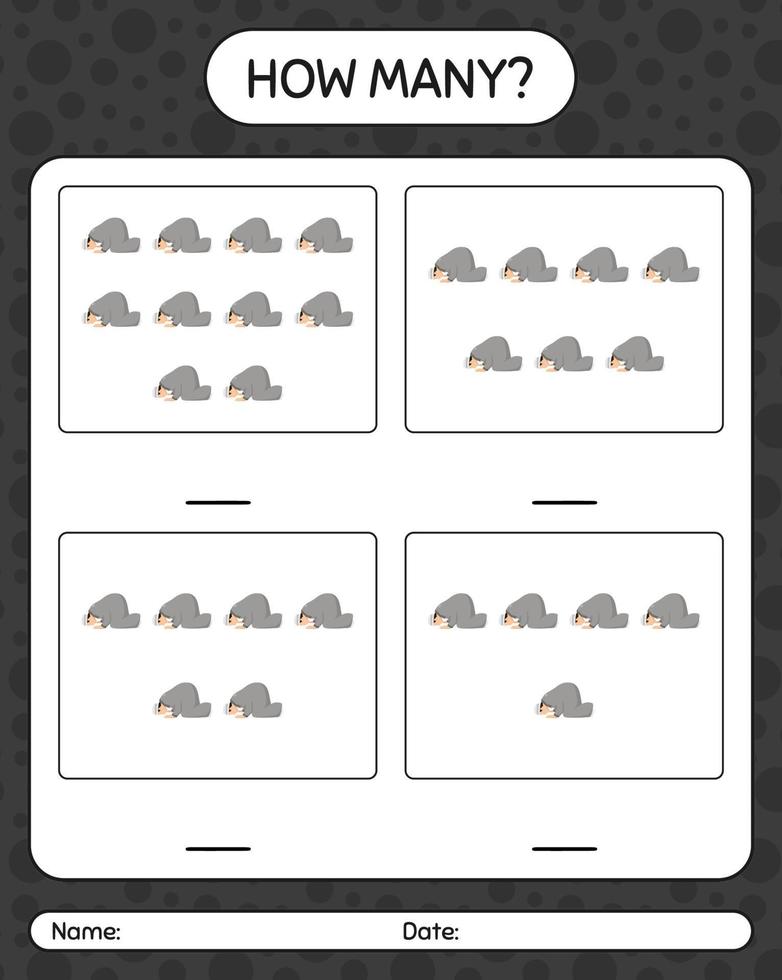 How many counting game with praying. worksheet for preschool kids, kids activity sheet, printable worksheet vector