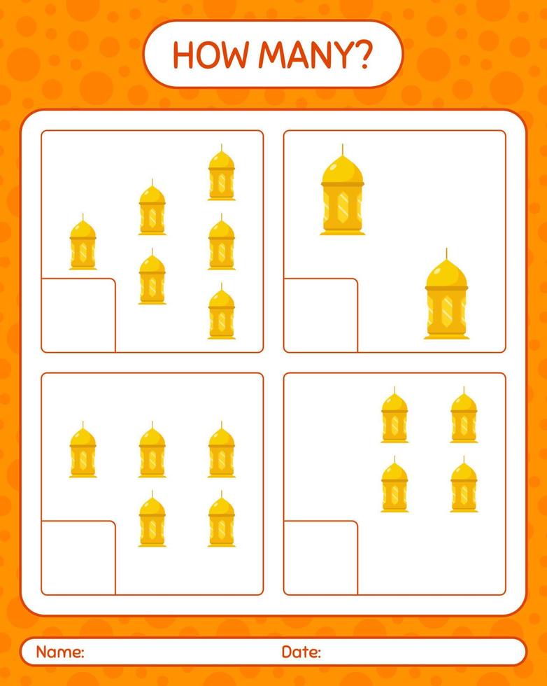 How many counting game with arabic lantern. worksheet for preschool kids, kids activity sheet, printable worksheet vector