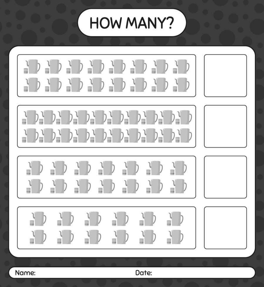 How many counting game with arabic teapot. worksheet for preschool kids, kids activity sheet, printable worksheet vector