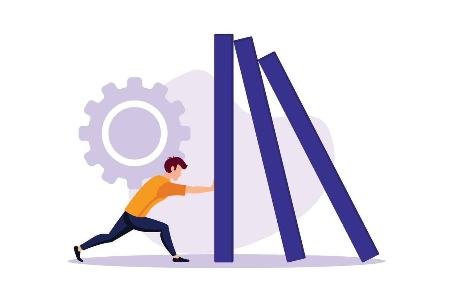 Domino effect or business resilience metaphor vector illustration. Adult young man pushing falling domino line business concept of problem solving.