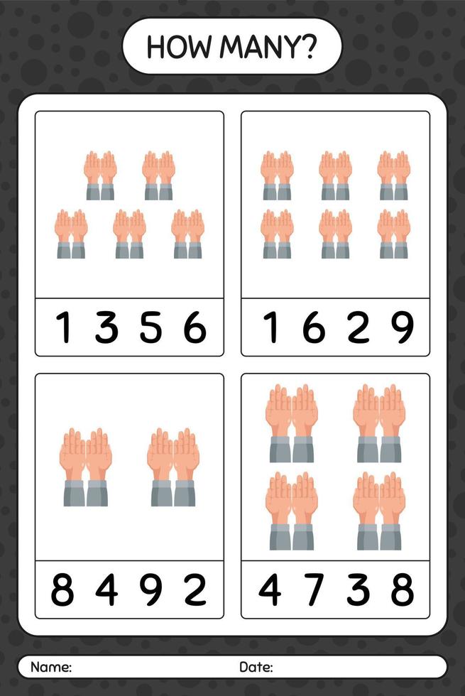 How many counting game with praying. worksheet for preschool kids, kids activity sheet, printable worksheet vector