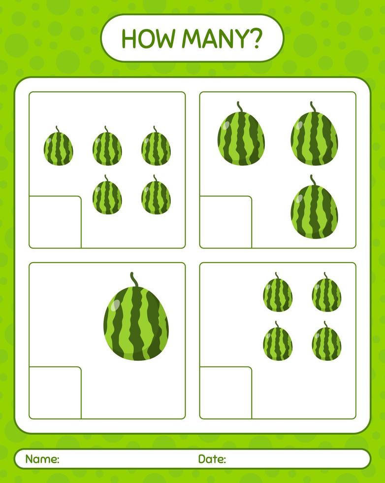 How many counting game with watermelon worksheet for preschool kids, kids activity sheet, printable worksheet vector