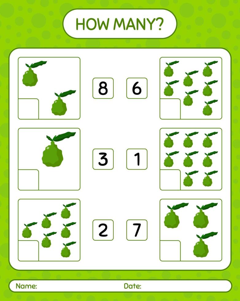 How many counting game with kaffir lime worksheet for preschool kids, kids activity sheet, printable worksheet vector