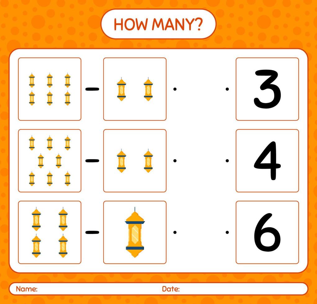 How many counting game with arabic lantern. worksheet for preschool kids, kids activity sheet, printable worksheet vector