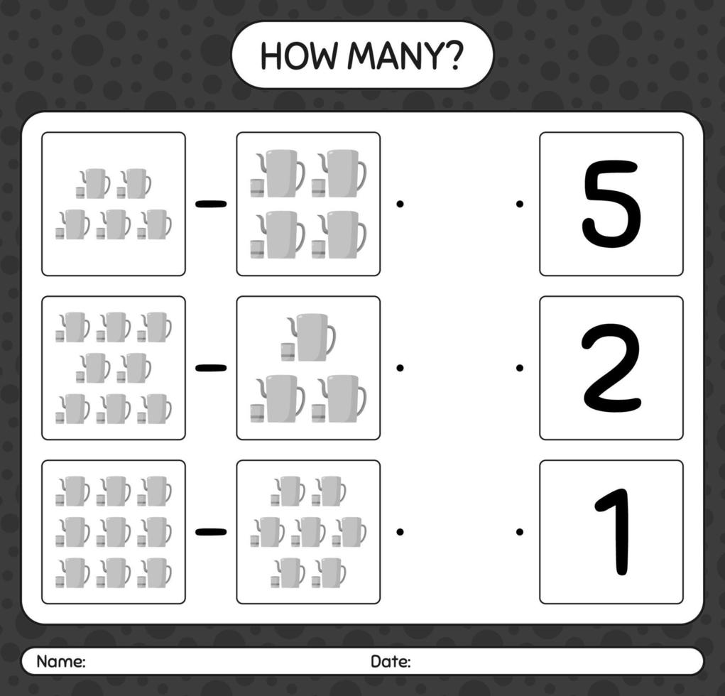 How many counting game with arabic teapot. worksheet for preschool kids, kids activity sheet, printable worksheet vector