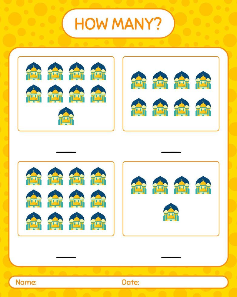 How many counting game with mosque. worksheet for preschool kids, kids activity sheet, printable worksheet vector