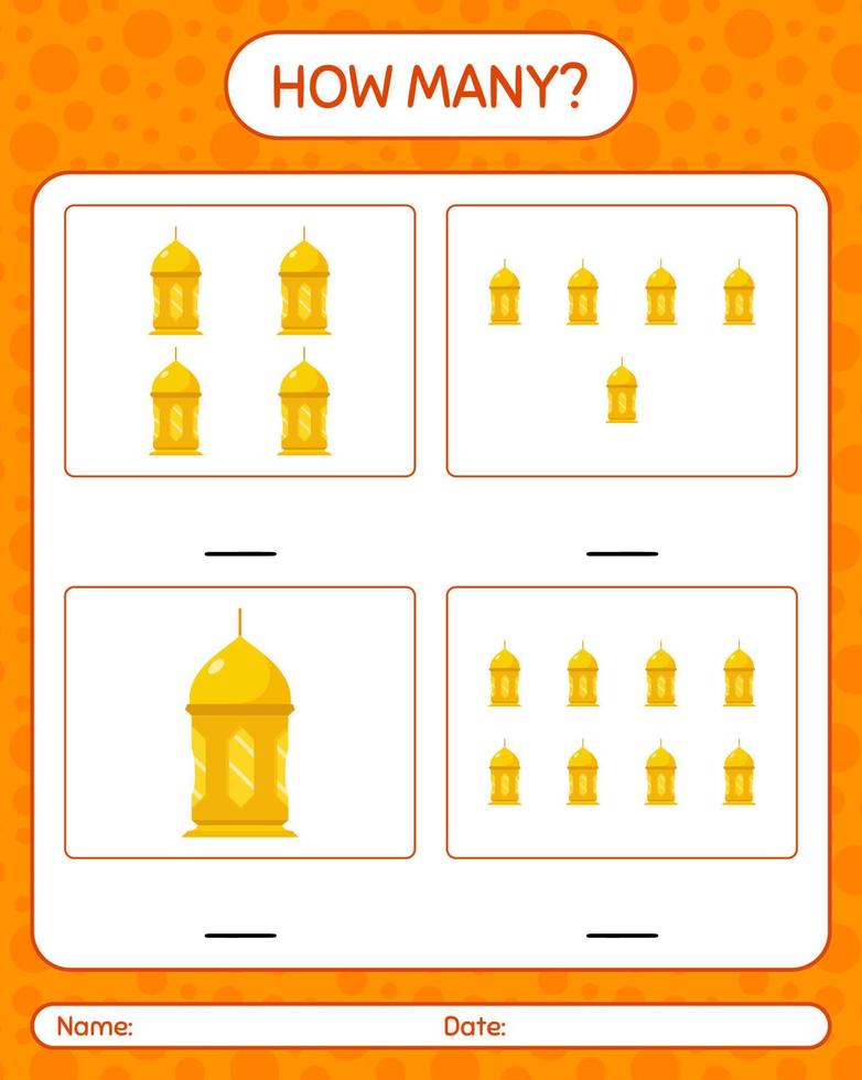 How many counting game with arabic lantern. worksheet for preschool kids, kids activity sheet, printable worksheet vector