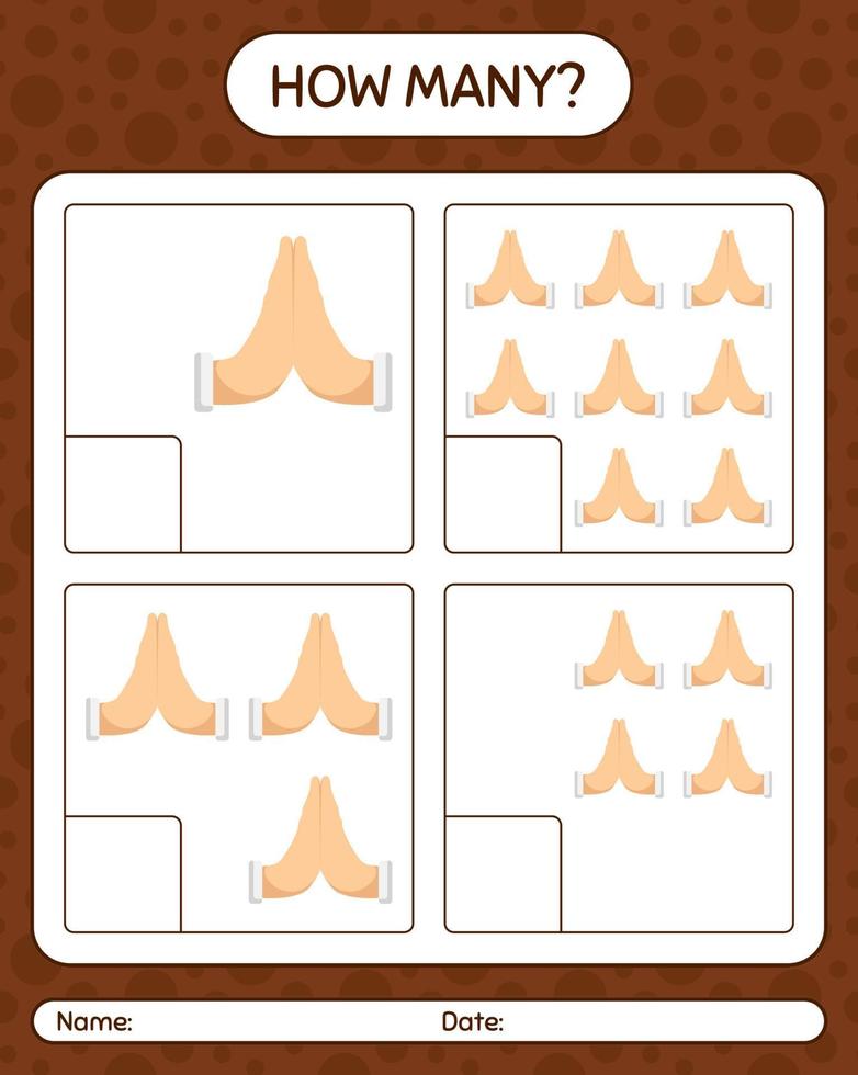 How many counting game with praying. worksheet for preschool kids, kids activity sheet, printable worksheet vector