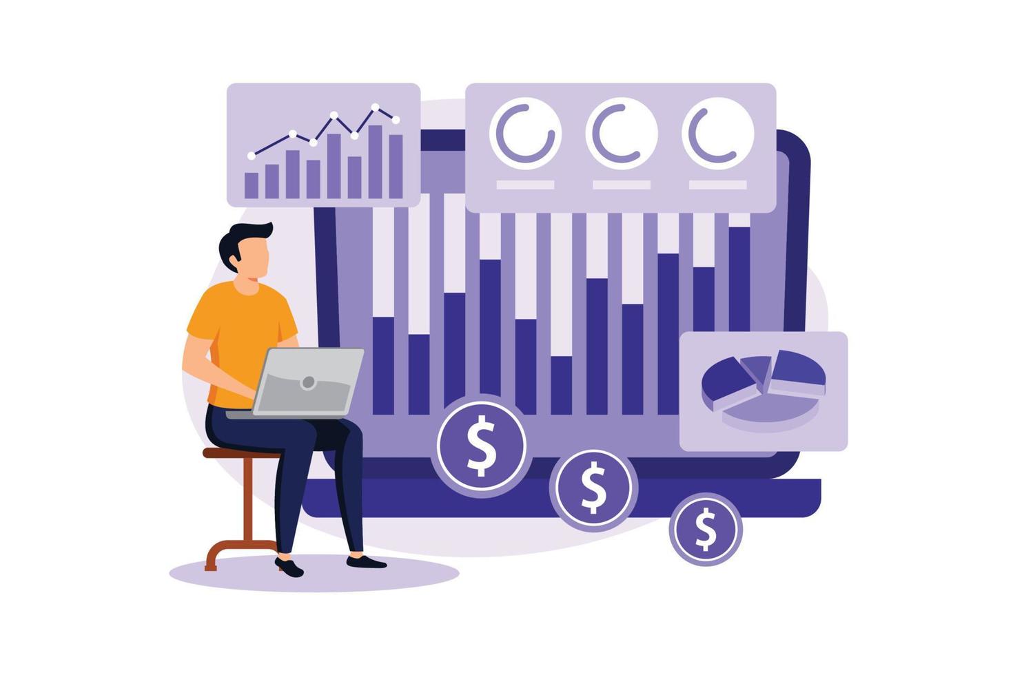 Financial Data Management illustration. vector illustration of business, office workers are studying the infographic, the analysis of the evolutionary scale
