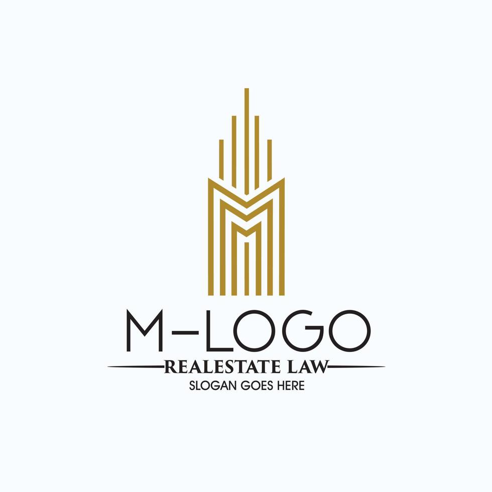 logotipo m inicial con elementos inmobiliarios en color dorado y plateado vector